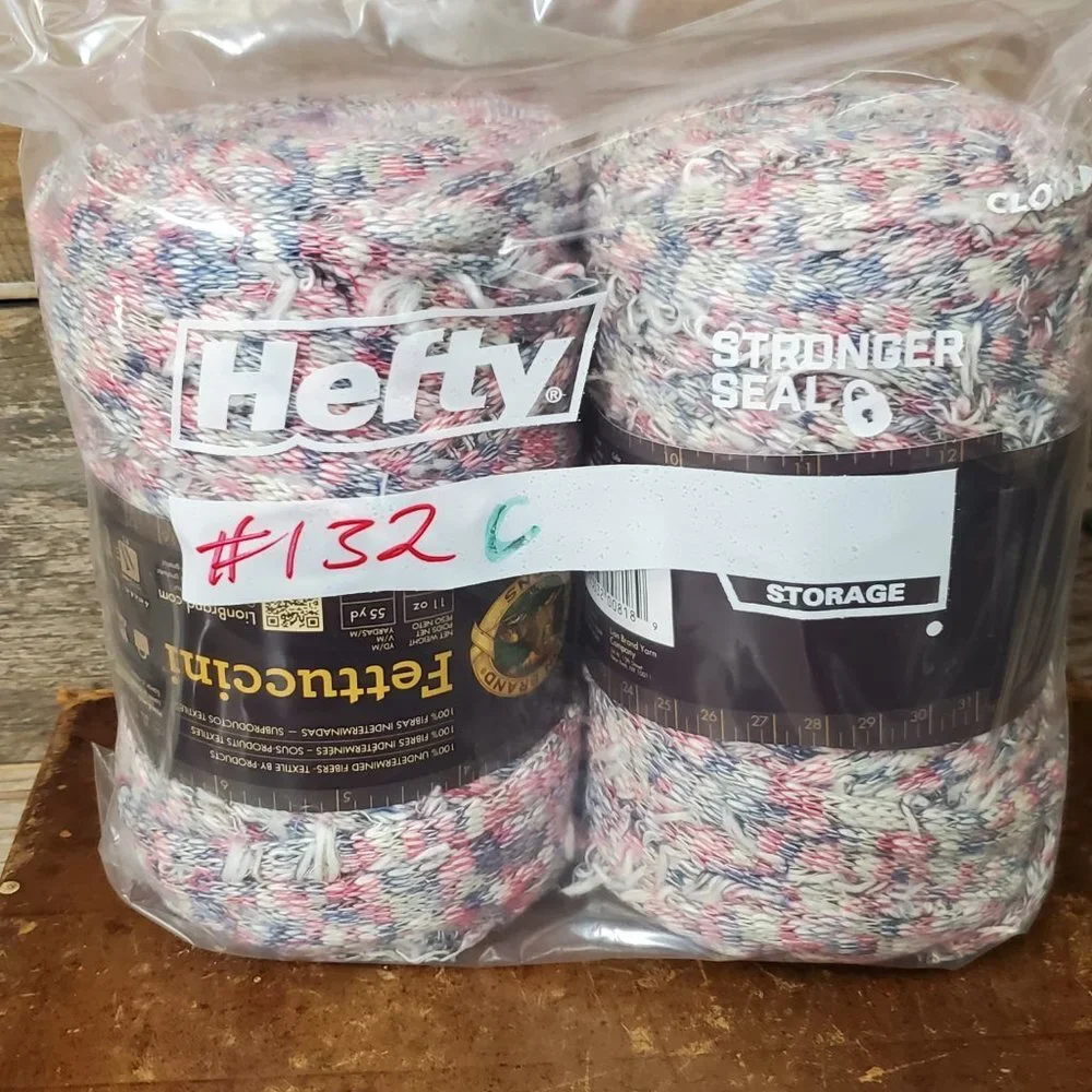 2 Skeins Lion Brand Fettuccini Remnant Yarn - Red, White, Blue Tweed #132c